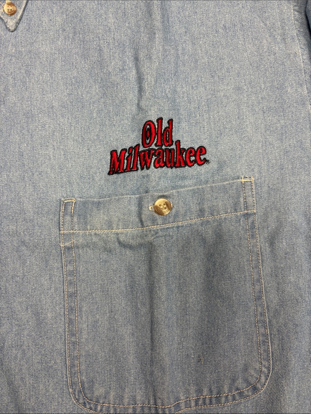 Men's Old Milwaukee Light Blue Denim Button-Down Work Shirt with Chest Pocket